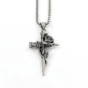 Silver Rose Cross Pendant Necklace